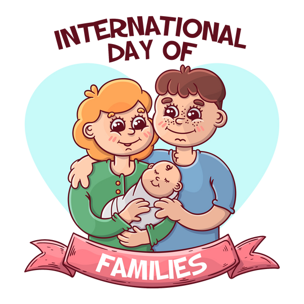 Dessin numérique d'une jeune famille composée d'une mère, d'un père et d'un bébé. il y a du texte en haut de la famille qui indique "jour international de la famille".